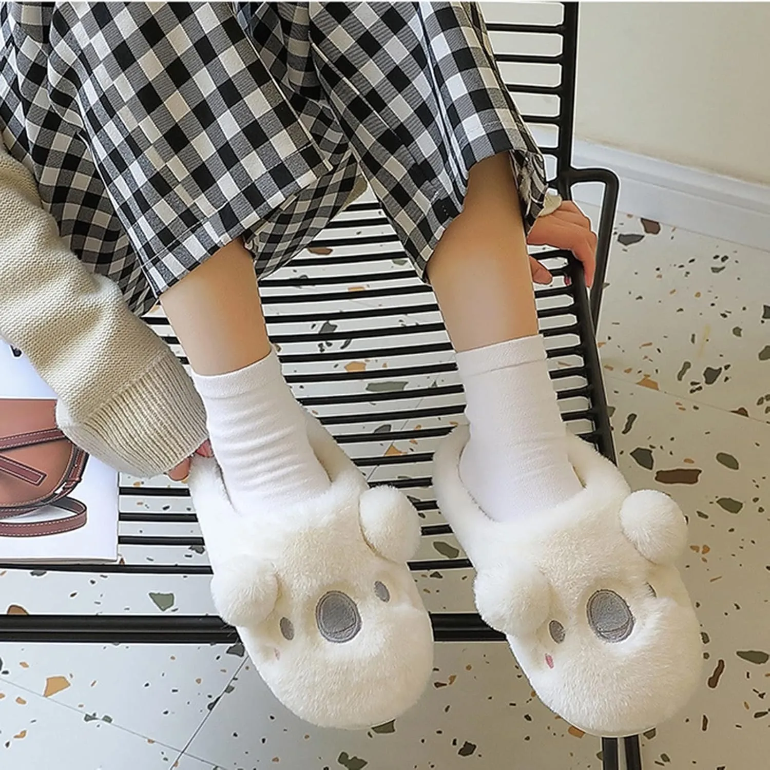 Womens Unisex Warm Fuzzy Soft Plush House Slippers Cute Sleeping Koala Animal Bedroom Home Shoes with Non-Slip Waterproof Rubber Sloe Indoor