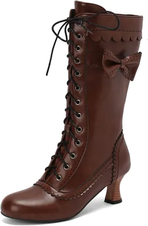 Women's Vintage Mary Janes Mid Calf Boots Almond Toe Lace Up Zip Sweet Bow Kitten Heel Hollow Out Flora Bordered Fashion Dating Delicate Party Bootiesy Office Lady Pumps Dress Shoe