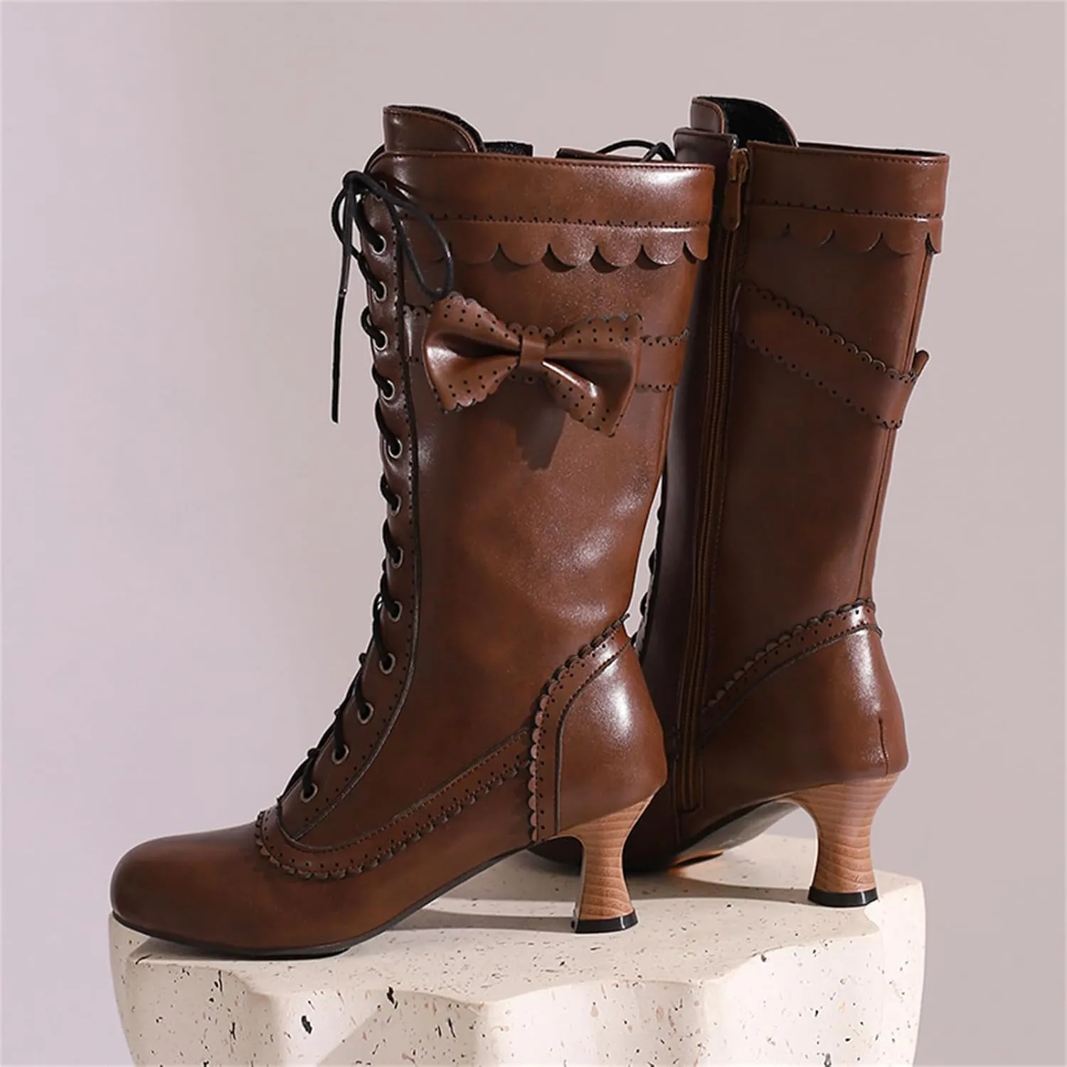 Women's Vintage Mary Janes Mid Calf Boots Almond Toe Lace Up Zip Sweet Bow Kitten Heel Hollow Out Flora Bordered Fashion Dating Delicate Party Bootiesy Office Lady Pumps Dress Shoe