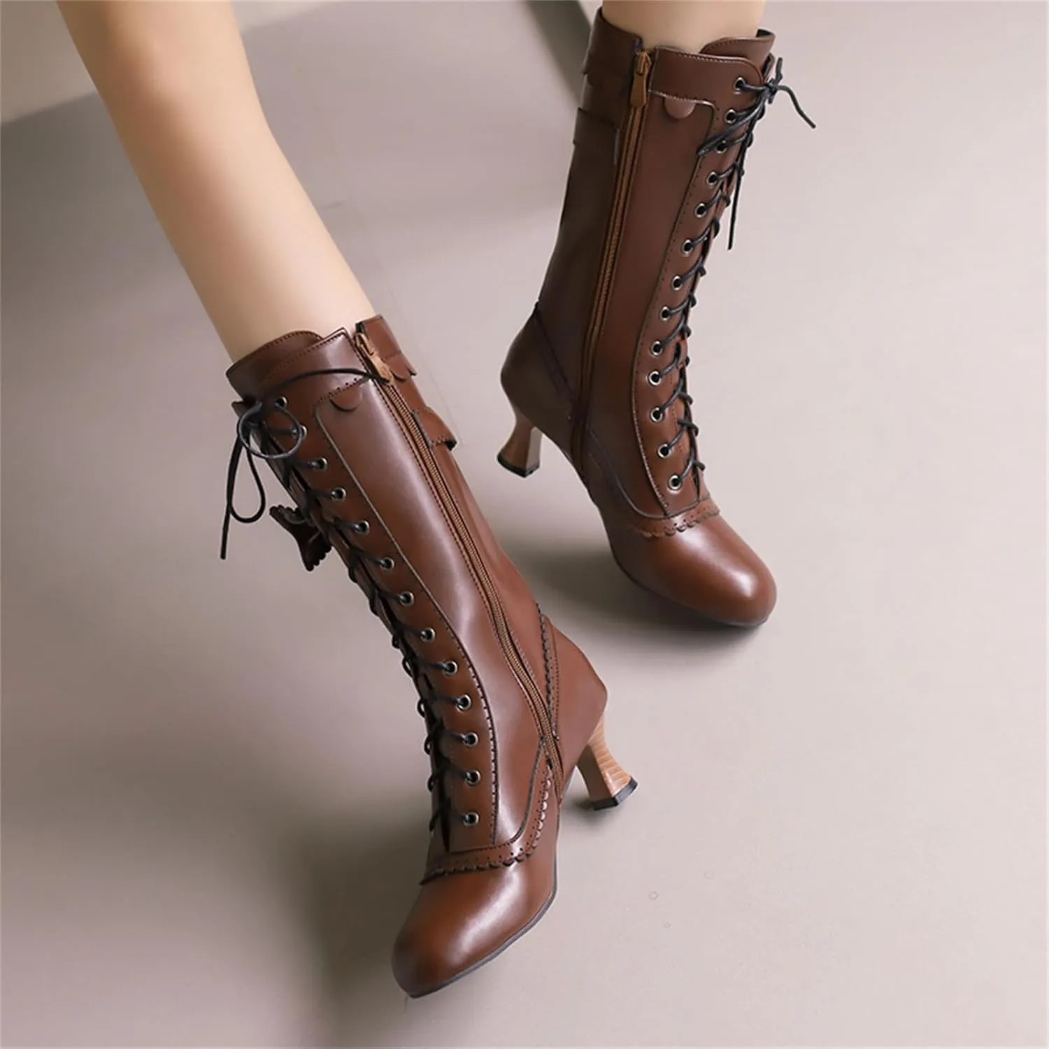 Women's Vintage Mary Janes Mid Calf Boots Almond Toe Lace Up Zip Sweet Bow Kitten Heel Hollow Out Flora Bordered Fashion Dating Delicate Party Bootiesy Office Lady Pumps Dress Shoe