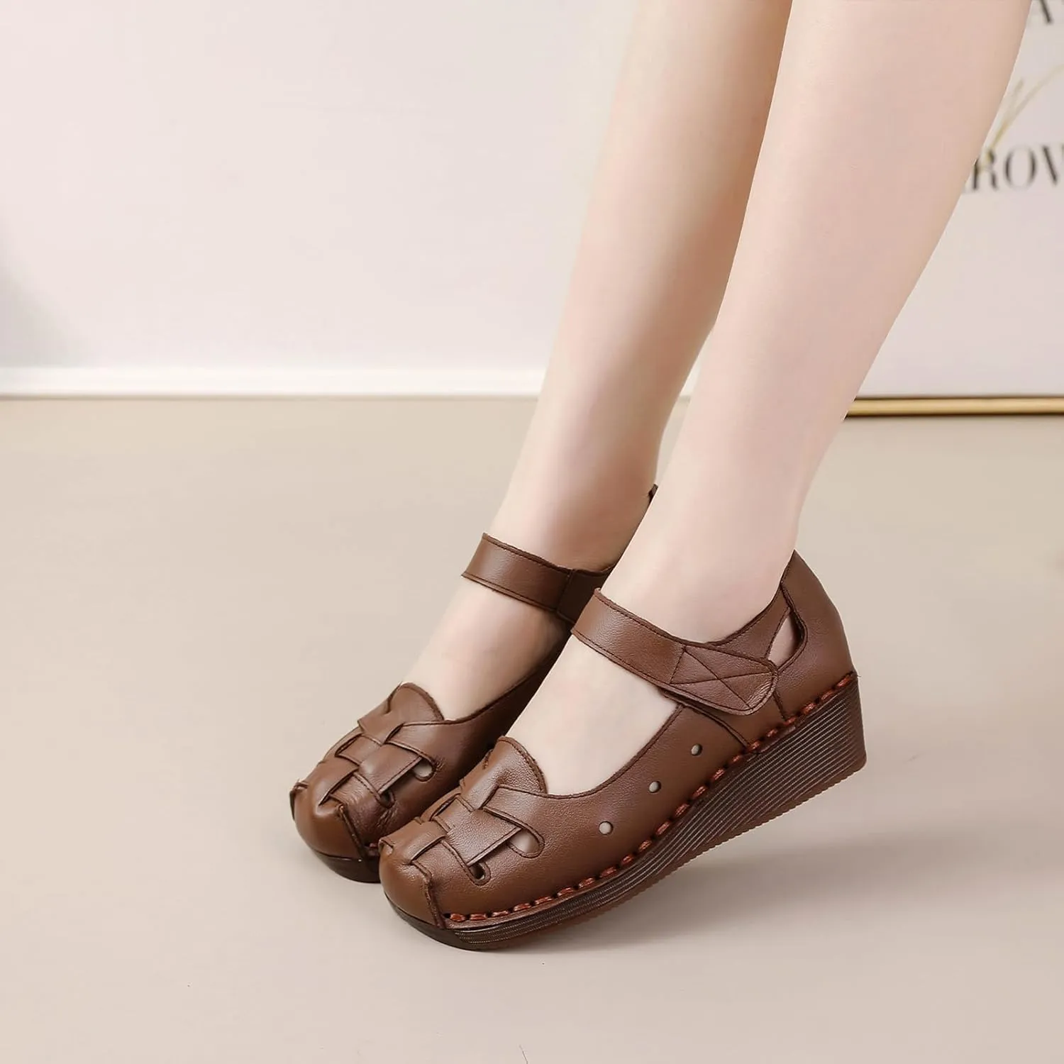 Women's Woven Leather Closed Toe Wedge Sandals,Adjustable Hook and Loop Handmade Comfortable Non-slip Oxford Soft Sole Walking Sandals Summer Vintage Dress Sandals