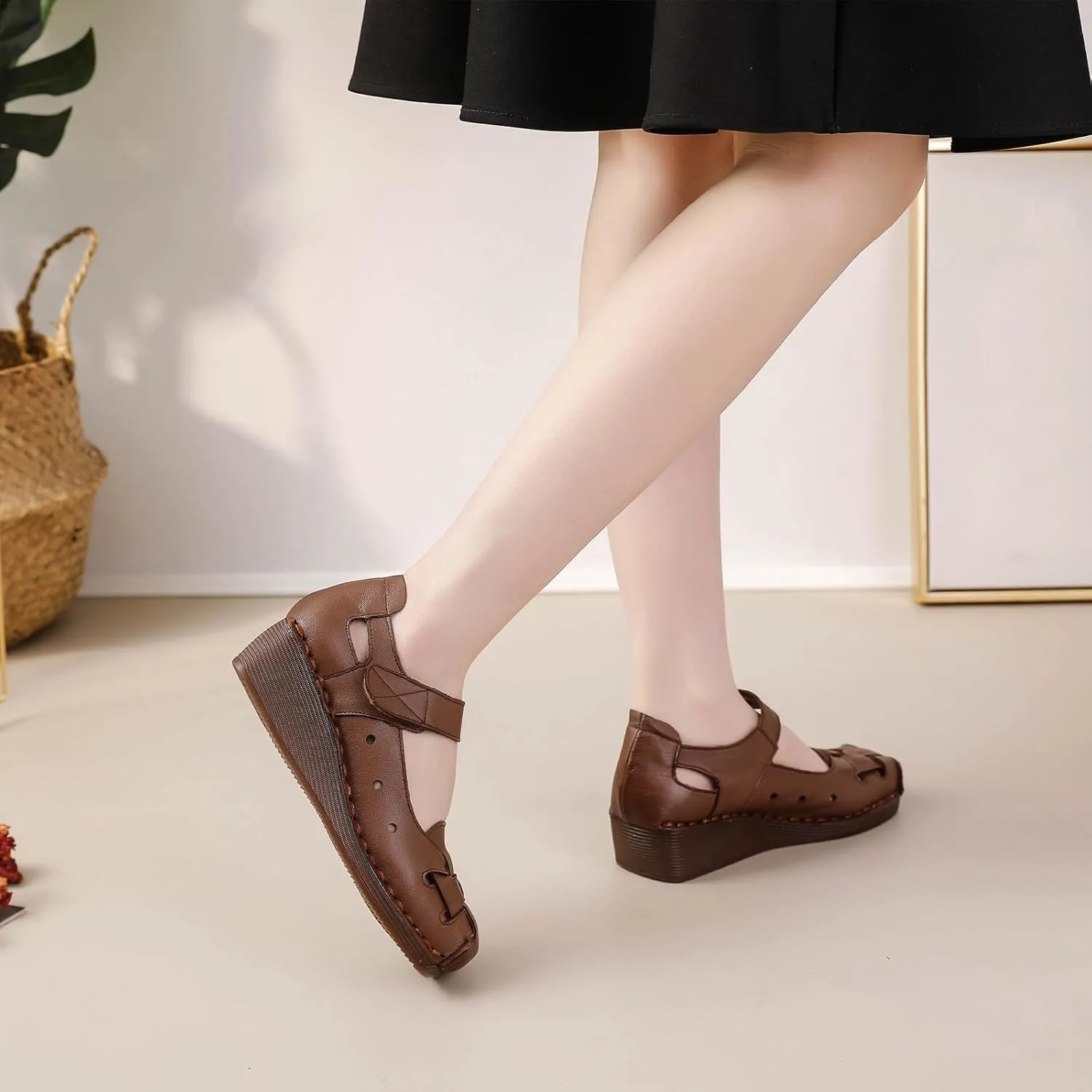 Women's Woven Leather Closed Toe Wedge Sandals,Adjustable Hook and Loop Handmade Comfortable Non-slip Oxford Soft Sole Walking Sandals Summer Vintage Dress Sandals