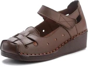 Women's Woven Leather Closed Toe Wedge Sandals,Adjustable Hook and Loop Handmade Comfortable Non-slip Oxford Soft Sole Walking Sandals Summer Vintage Dress Sandals