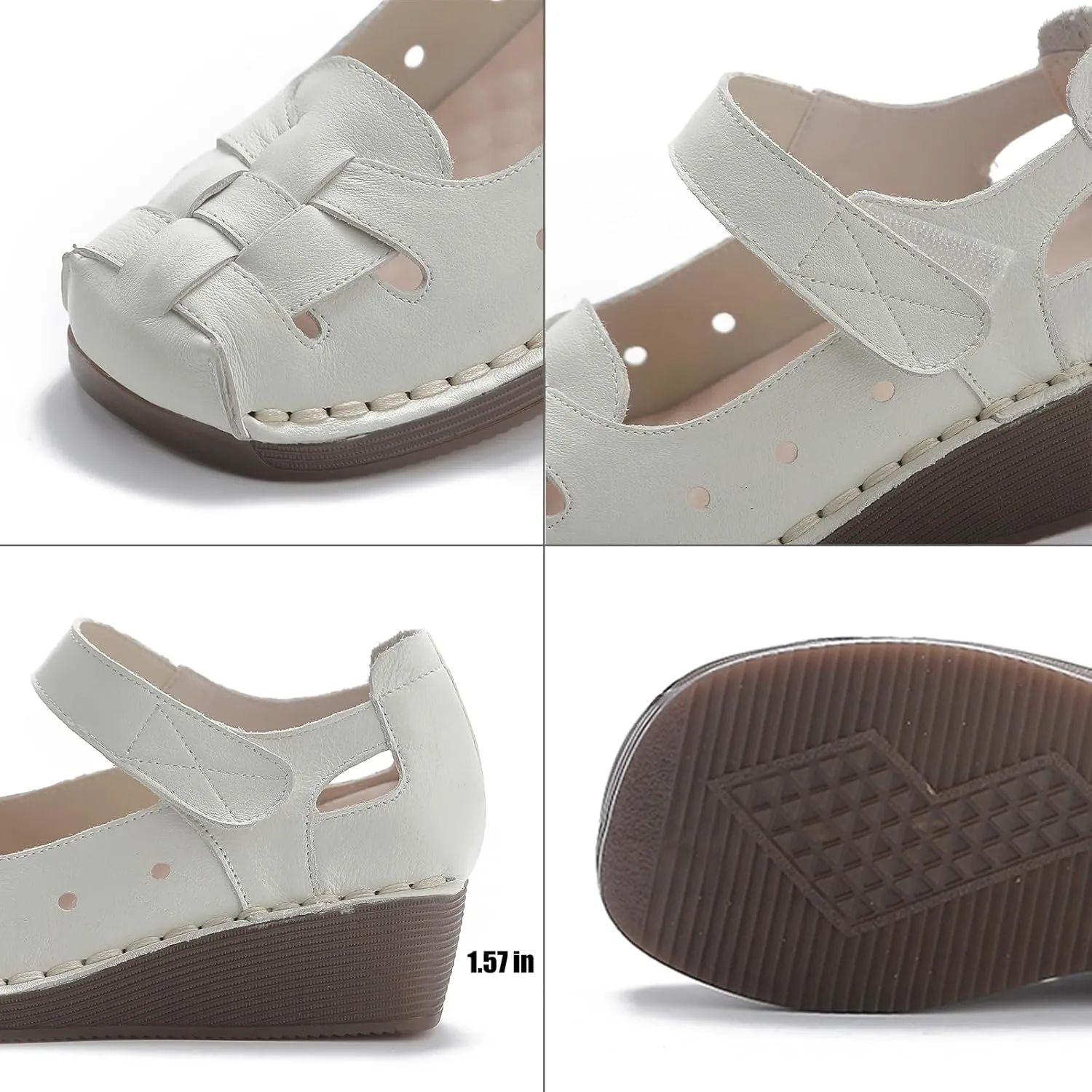 Women's Woven Leather Closed Toe Wedge Sandals,Adjustable Hook and Loop Handmade Comfortable Non-slip Oxford Soft Sole Walking Sandals Summer Vintage Dress Sandals