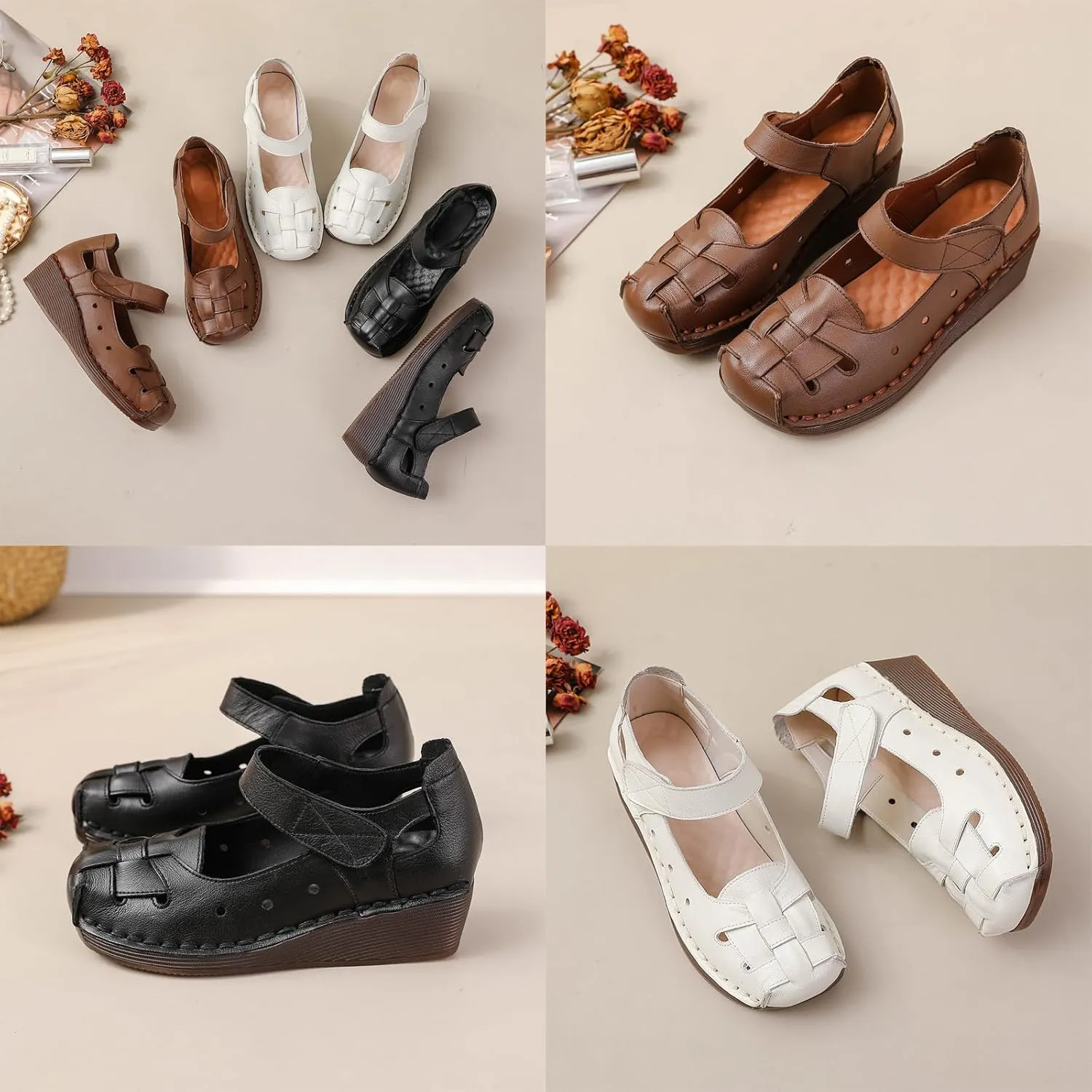 Women's Woven Leather Closed Toe Wedge Sandals,Adjustable Hook and Loop Handmade Comfortable Non-slip Oxford Soft Sole Walking Sandals Summer Vintage Dress Sandals