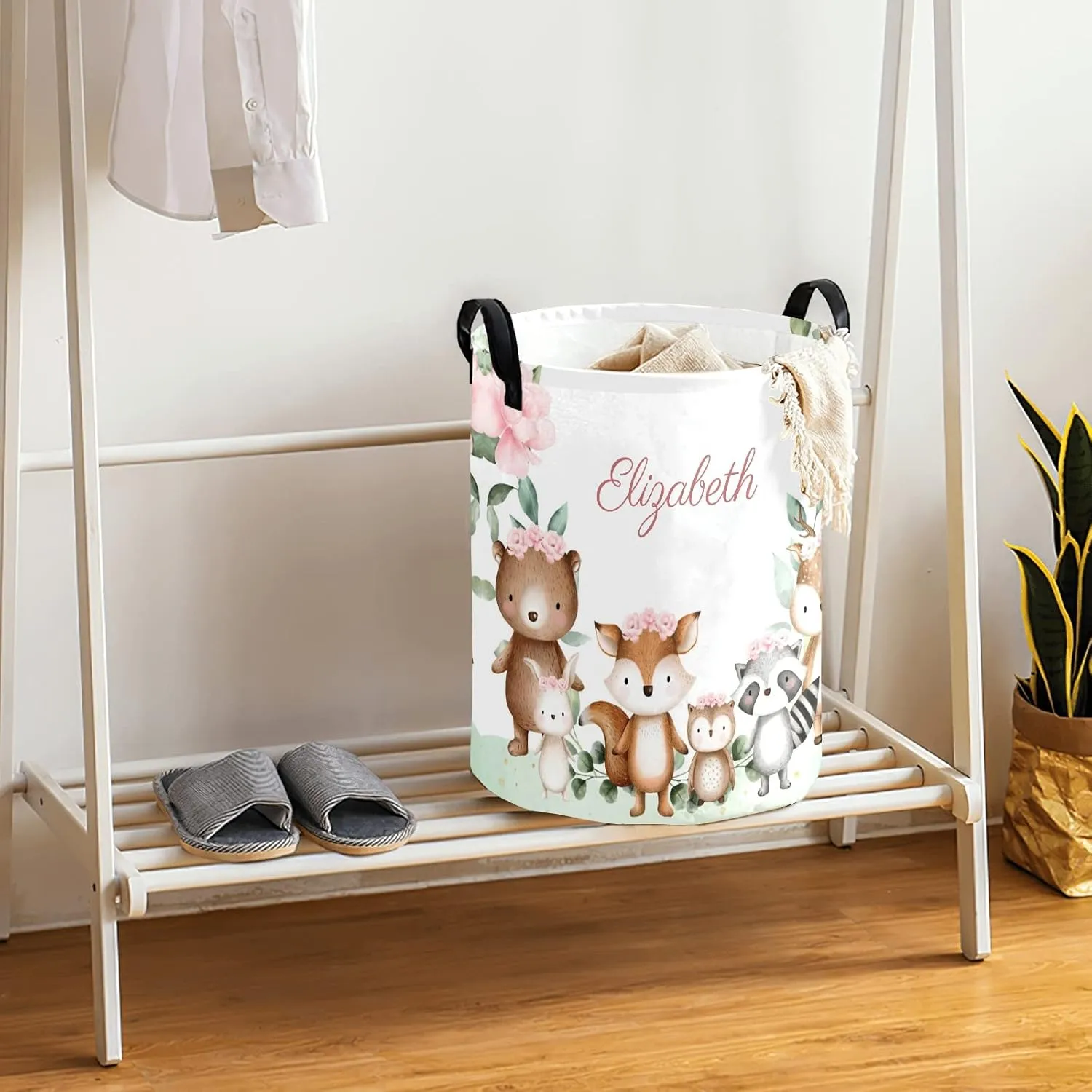 Woodland Animals Pink Flower Personalized Waterproof Foldable Laundry Basket Bag with Handle, Custom Collapsible Clothes Hamper Storage Bin for Toys Laundry Dorm Travel Bathroom