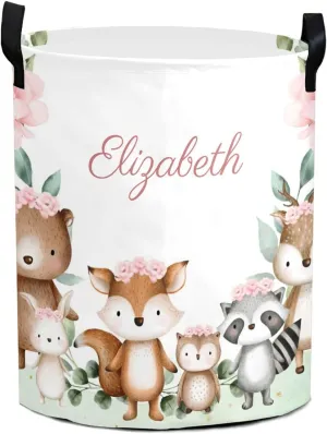 Woodland Animals Pink Flower Personalized Waterproof Foldable Laundry Basket Bag with Handle, Custom Collapsible Clothes Hamper Storage Bin for Toys Laundry Dorm Travel Bathroom