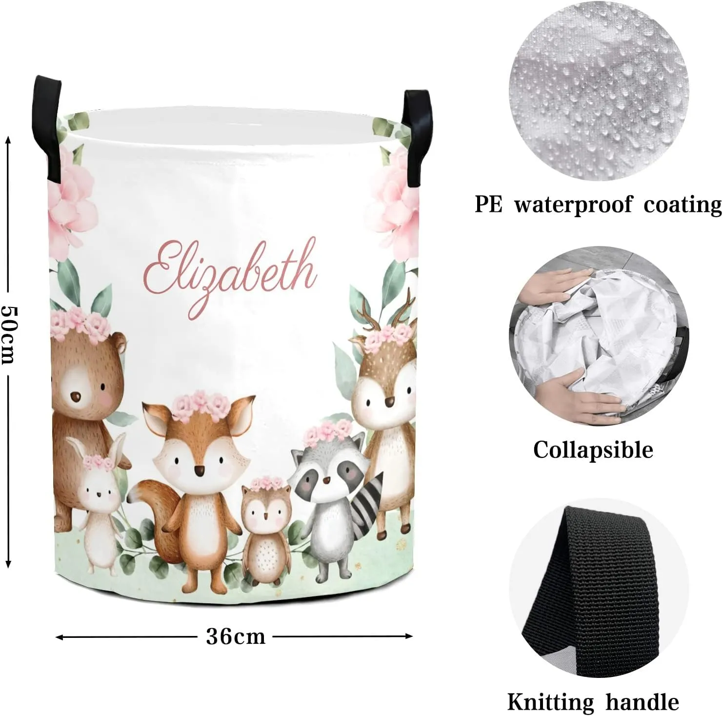 Woodland Animals Pink Flower Personalized Waterproof Foldable Laundry Basket Bag with Handle, Custom Collapsible Clothes Hamper Storage Bin for Toys Laundry Dorm Travel Bathroom