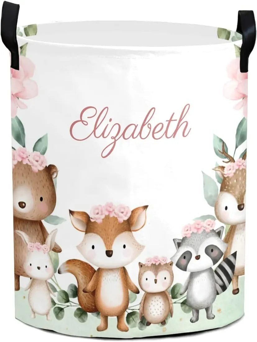 Woodland Animals Pink Flower Personalized Waterproof Foldable Laundry Basket Bag with Handle, Custom Collapsible Clothes Hamper Storage Bin for Toys Laundry Dorm Travel Bathroom