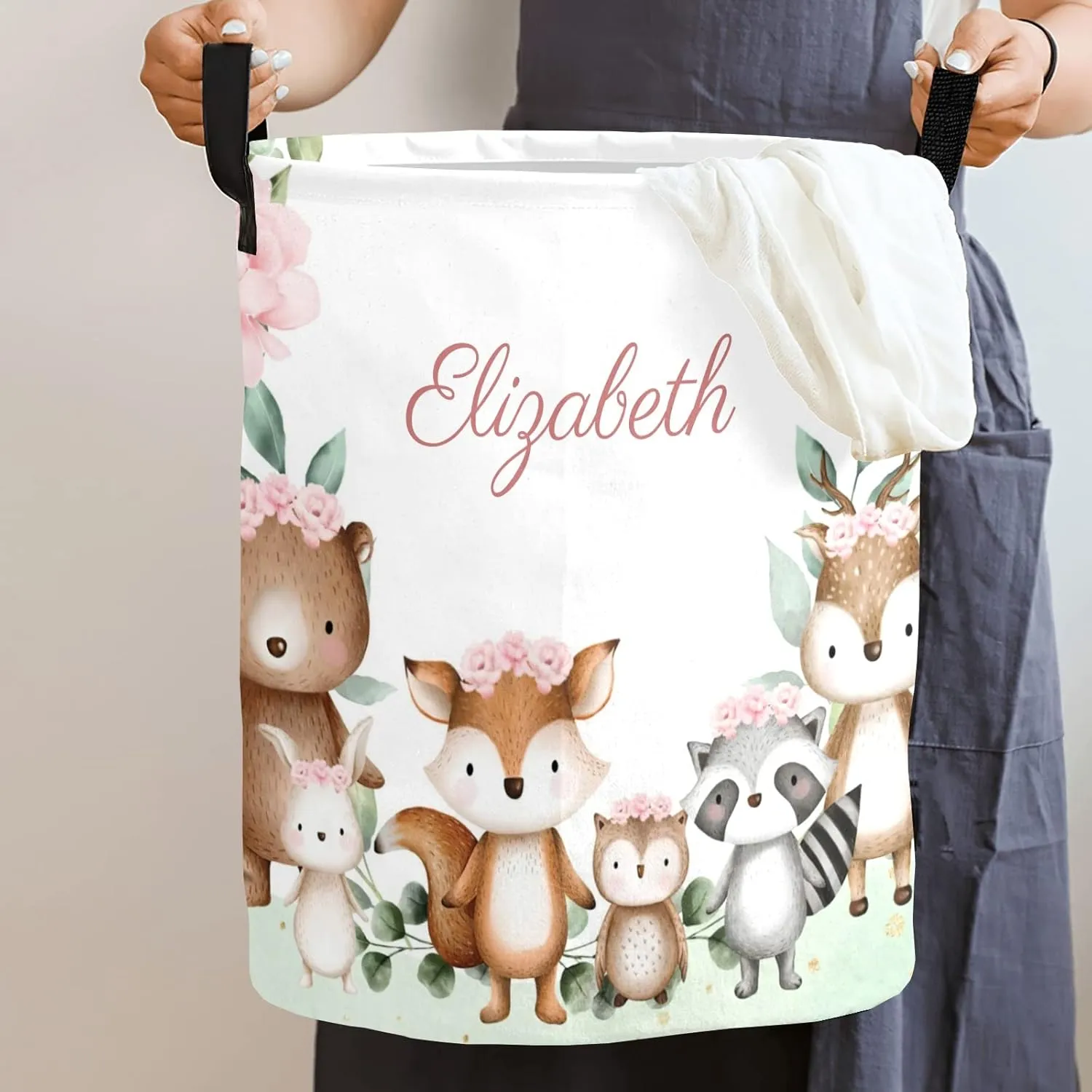 Woodland Animals Pink Flower Personalized Waterproof Foldable Laundry Basket Bag with Handle, Custom Collapsible Clothes Hamper Storage Bin for Toys Laundry Dorm Travel Bathroom