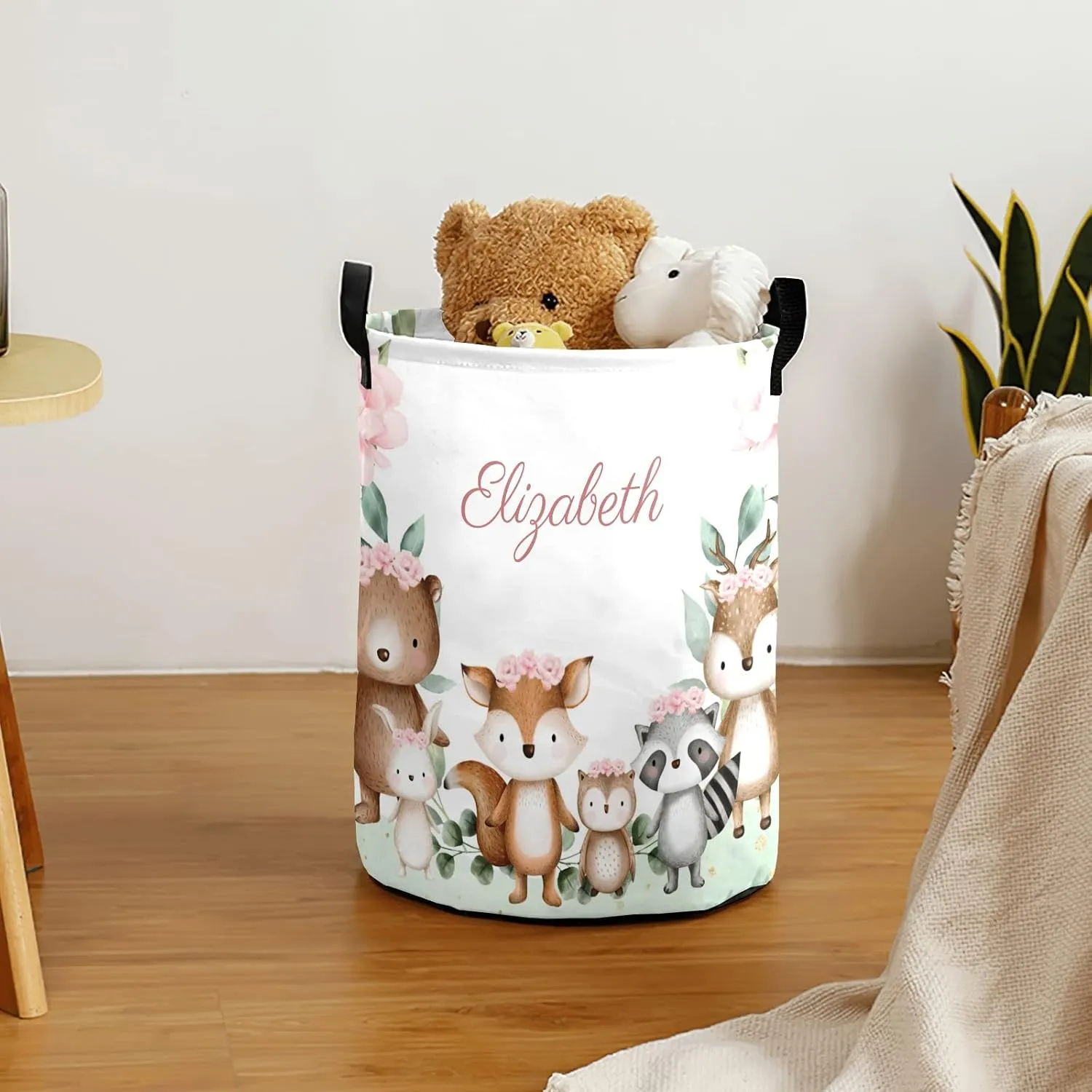 Woodland Animals Pink Flower Personalized Waterproof Foldable Laundry Basket Bag with Handle, Custom Collapsible Clothes Hamper Storage Bin for Toys Laundry Dorm Travel Bathroom