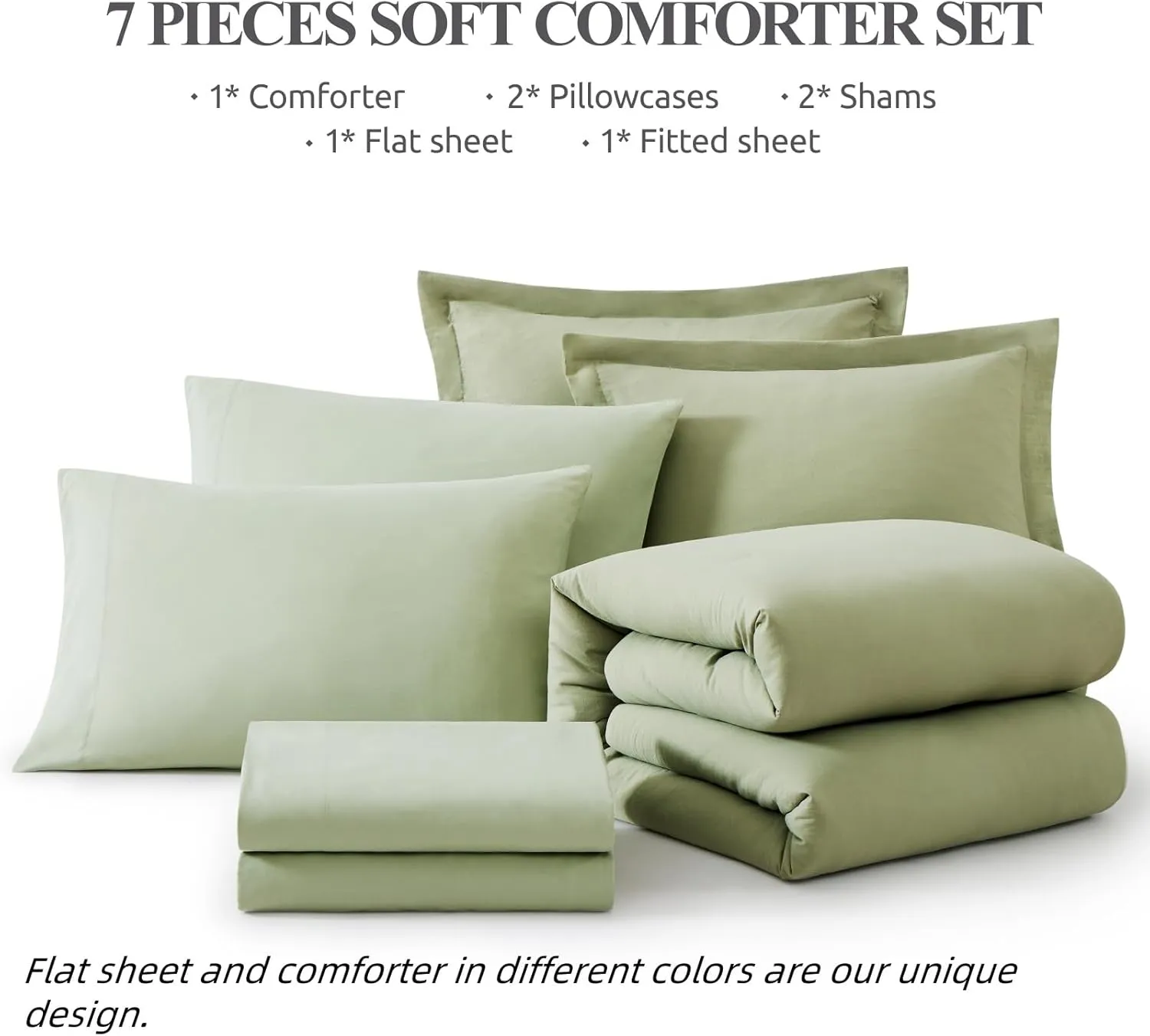 WRENSONGE Queen Comforter Set - 7 Pieces Sage Green Soft Bed in a Bag Queen with Fitted Sheet, Flat Sheet, 2 Pillow Shams, and 2 Pillowcases- Warm Bedding Sets Queen for All Season