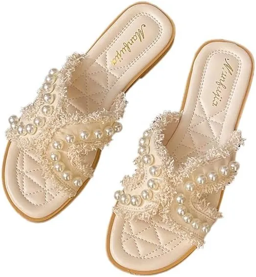 Xiaoxiangfeng cool slippers women's 2025 summer Korean version new outer wear fairy style lady beaded flat heel fashion slippers