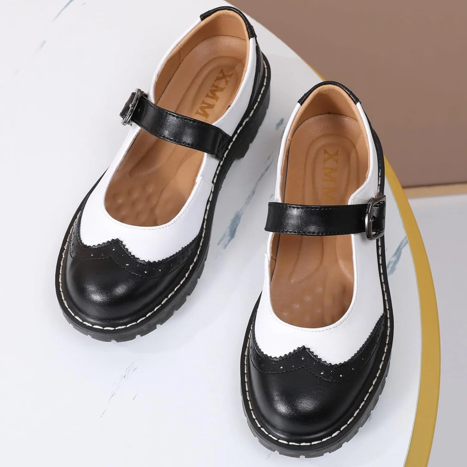 XMM Mary Jane Shoes Women Mary Janes Flats Ladies Oxford Shoes for Women Comfort Leather Round Toe Non-Slip Dressy Casual Cute Girls School Work Shoes