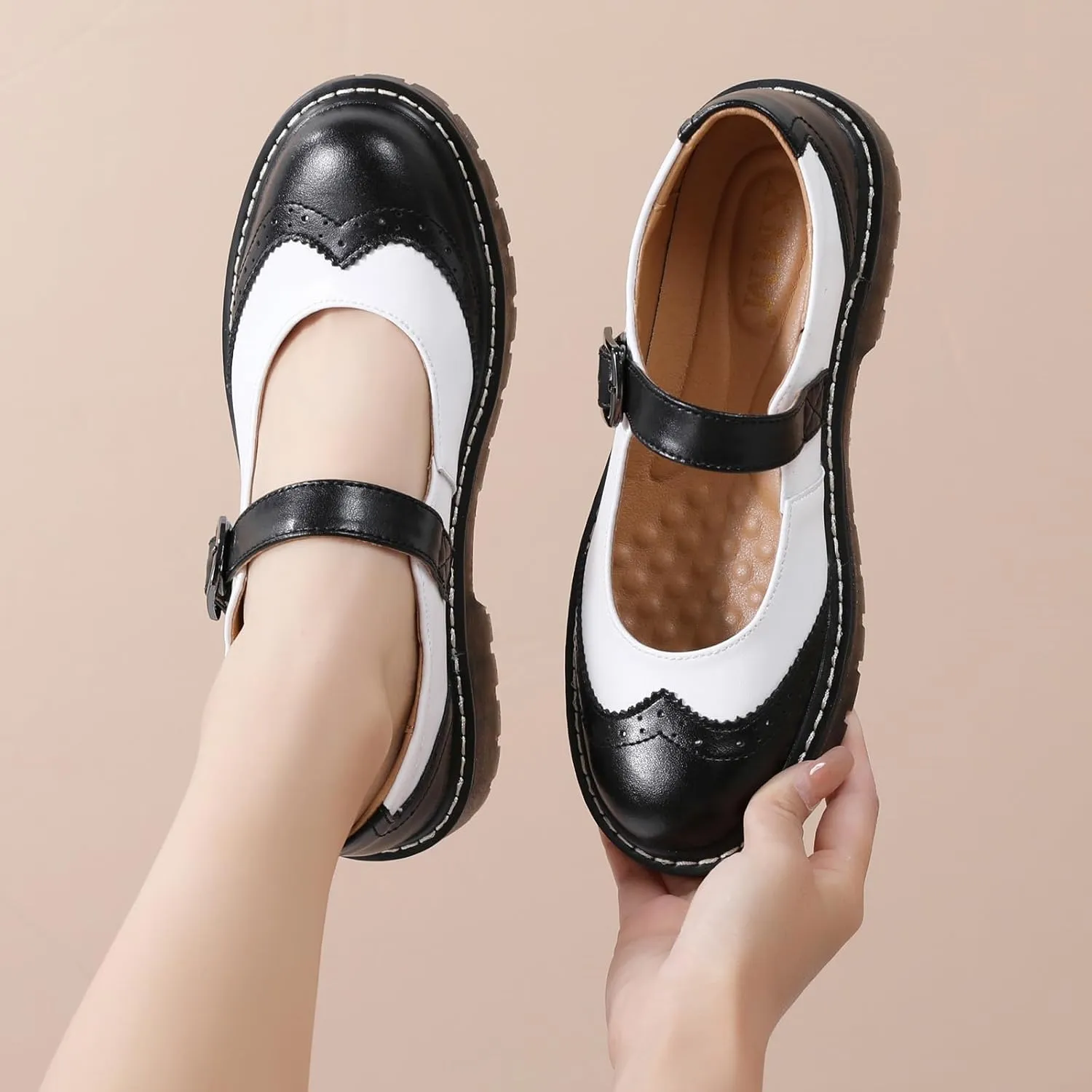 XMM Mary Jane Shoes Women Mary Janes Flats Ladies Oxford Shoes for Women Comfort Leather Round Toe Non-Slip Dressy Casual Cute Girls School Work Shoes