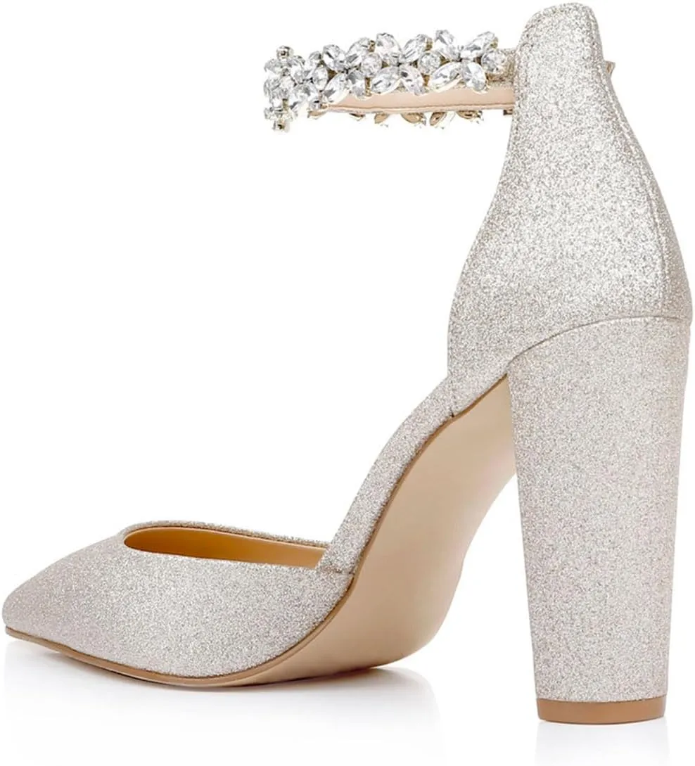 XYD Women Crystal Ankle Strap Pointed Closed Toe Block Heels D'Orsay Pumps Ladies Brides Evening Dress Wedding Shoes