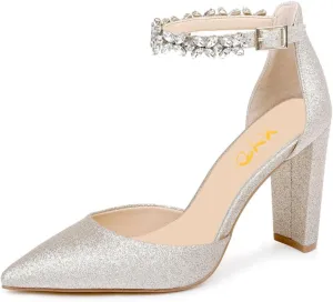 XYD Women Crystal Ankle Strap Pointed Closed Toe Block Heels D'Orsay Pumps Ladies Brides Evening Dress Wedding Shoes