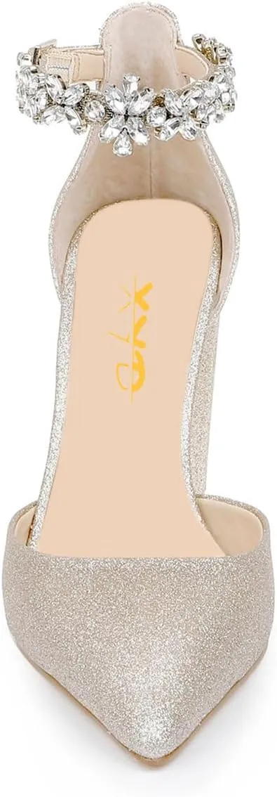 XYD Women Crystal Ankle Strap Pointed Closed Toe Block Heels D'Orsay Pumps Ladies Brides Evening Dress Wedding Shoes