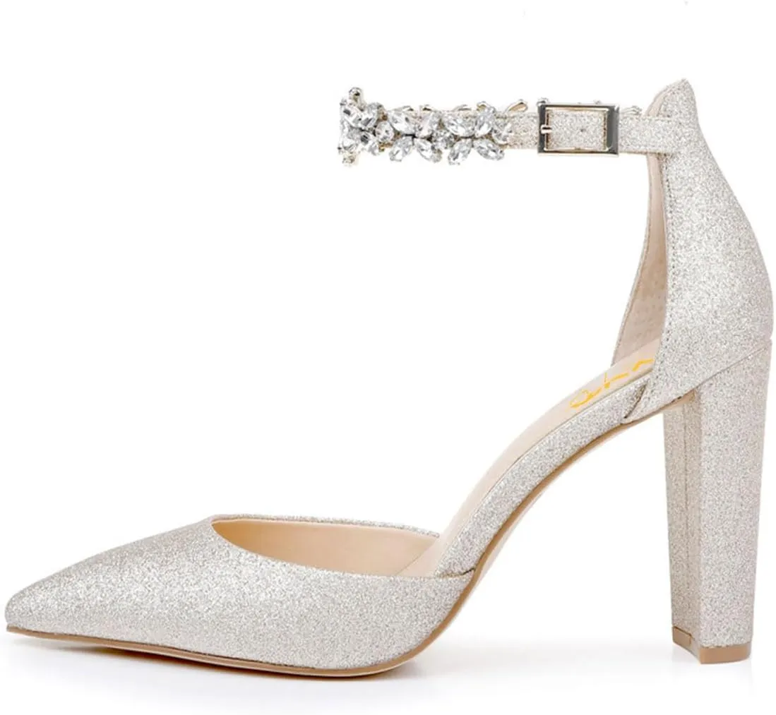 XYD Women Crystal Ankle Strap Pointed Closed Toe Block Heels D'Orsay Pumps Ladies Brides Evening Dress Wedding Shoes