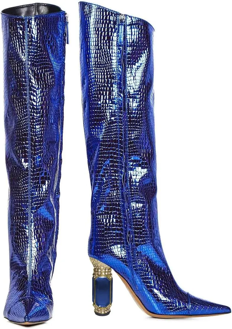 XYD Women Side Zip Knee High Boots Pointed Toe Cylindrical Crystal Block Heels Pumps Slouchy Dressy Party Shoes