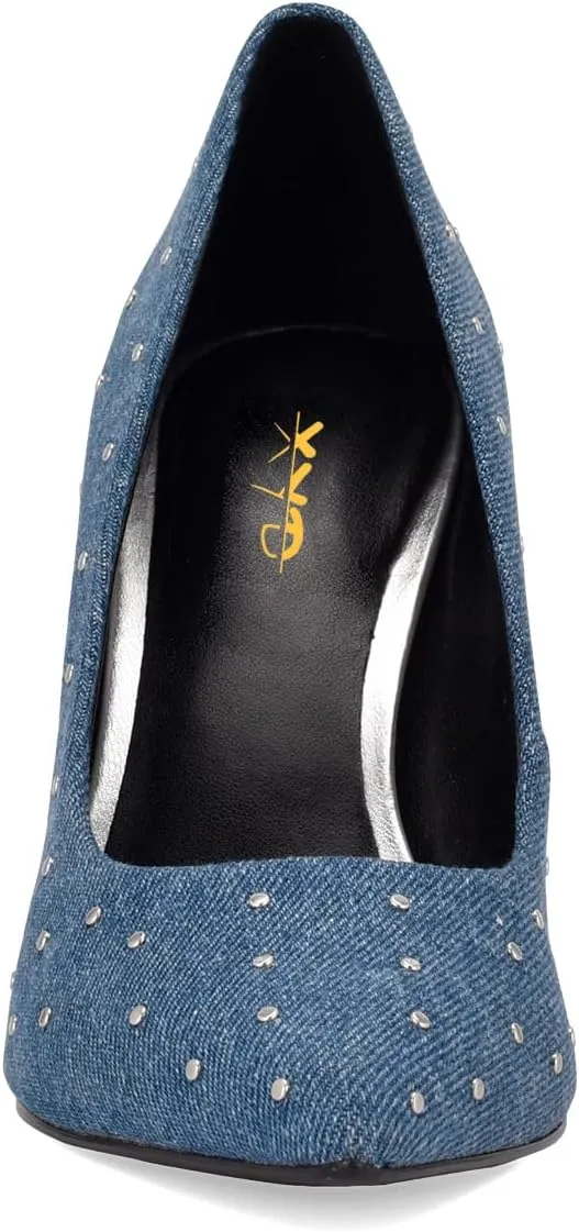 XYD Women's Chic Studs Pointed Closed Toe Slip On Pumps Block High Heels Formal Event Evening Dress Shoes