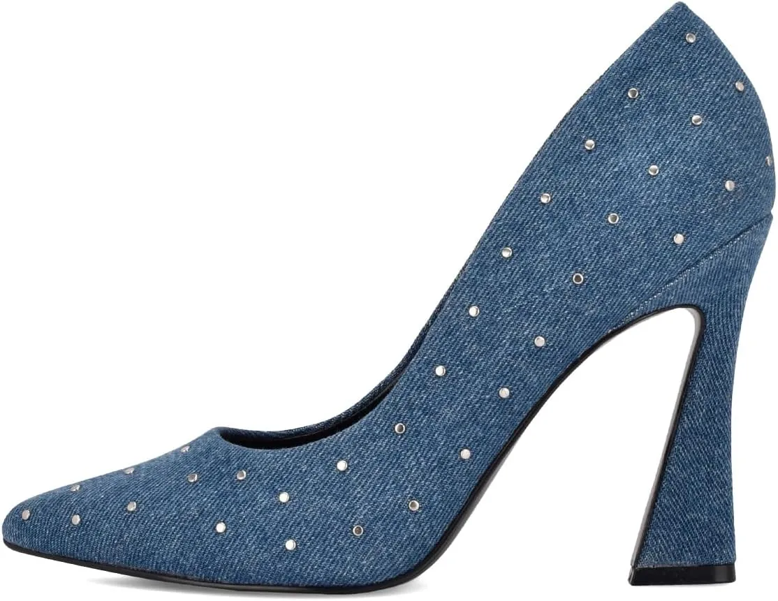 XYD Women's Chic Studs Pointed Closed Toe Slip On Pumps Block High Heels Formal Event Evening Dress Shoes