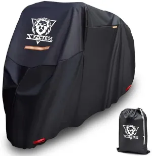 XYZCTEM Motorcycle Cover -Waterproof Outdoor Storage Bag,Made of Heavy Duty Material, Fits up to 116" Harley Davison and All Motors(Black& Lockholes& Professional Windproof Strap) (XXXL)
