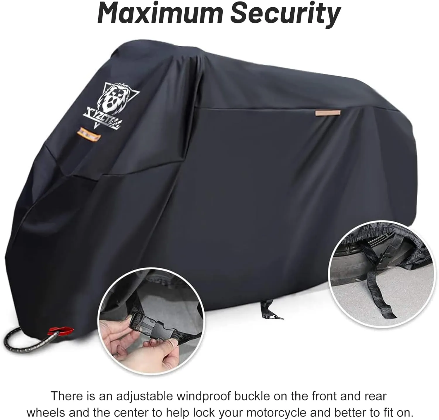 XYZCTEM Motorcycle Cover -Waterproof Outdoor Storage Bag,Made of Heavy Duty Material, Fits up to 116" Harley Davison and All Motors(Black& Lockholes& Professional Windproof Strap) (XXXL)
