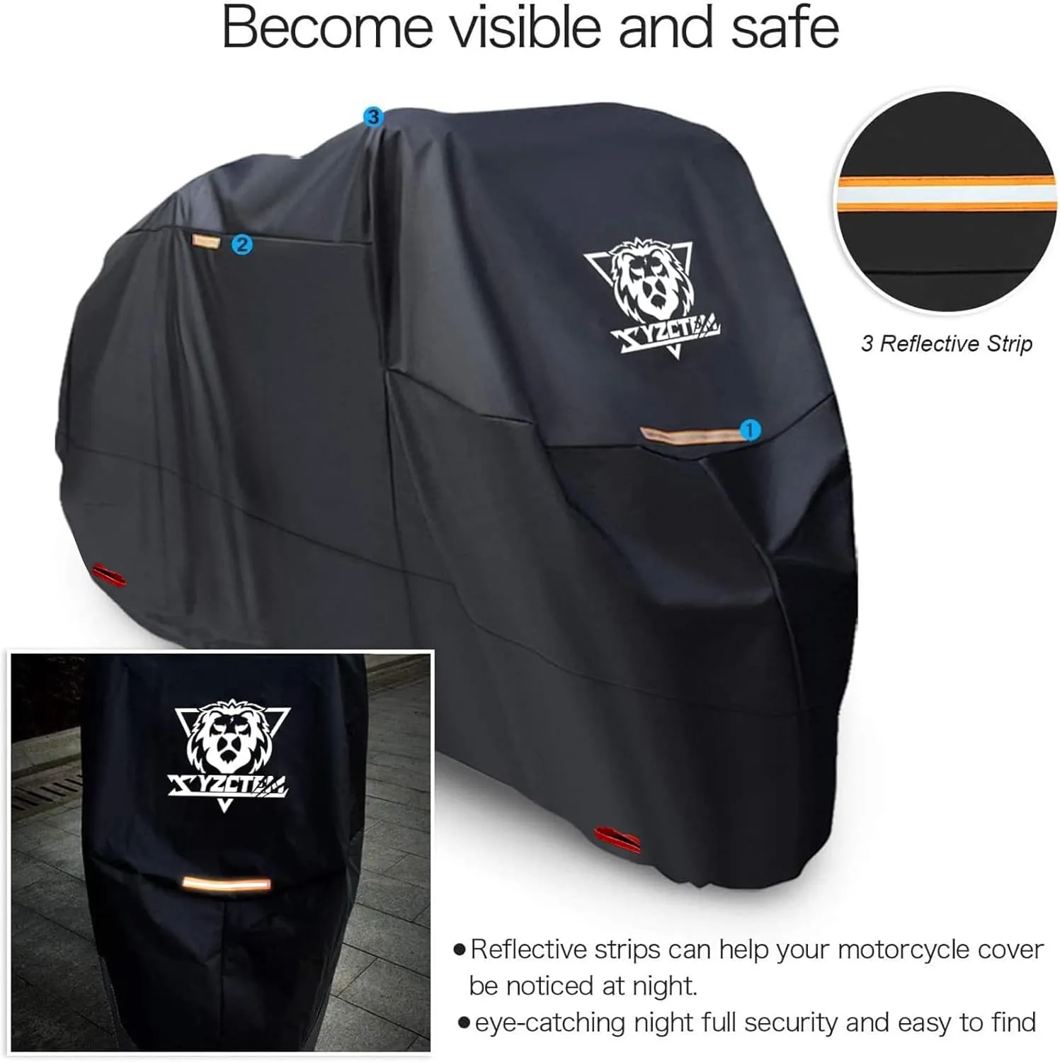 XYZCTEM Motorcycle Cover -Waterproof Outdoor Storage Bag,Made of Heavy Duty Material, Fits up to 116" Harley Davison and All Motors(Black& Lockholes& Professional Windproof Strap) (XXXL)