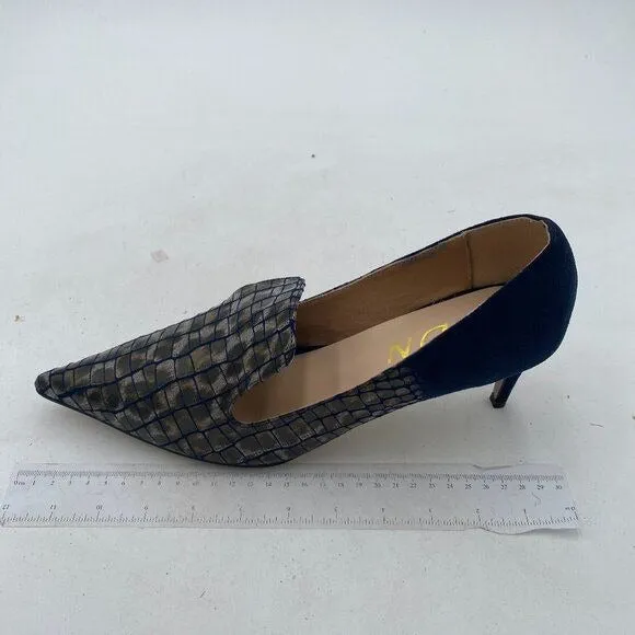 YDN Alligater Navy Mid Heels Slip on Loafer Pumps Pointy Toe Slide Suede Shoes