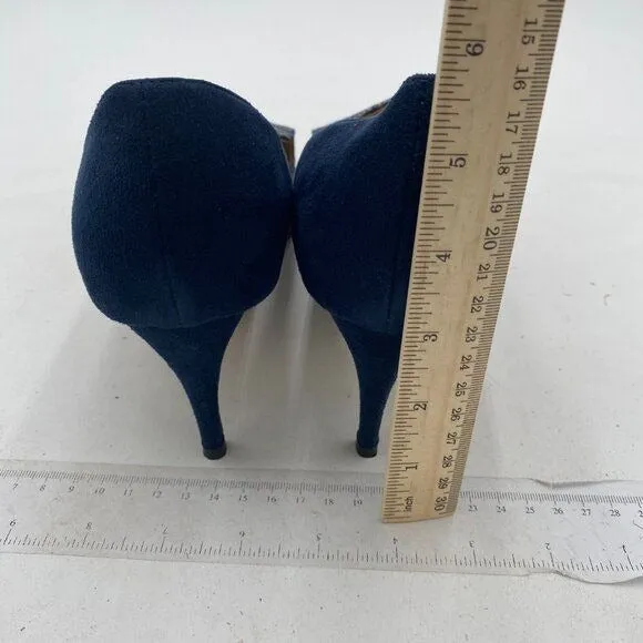 YDN Alligater Navy Mid Heels Slip on Loafer Pumps Pointy Toe Slide Suede Shoes