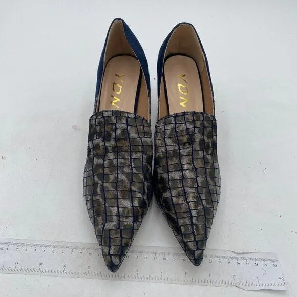 YDN Alligater Navy Mid Heels Slip on Loafer Pumps Pointy Toe Slide Suede Shoes