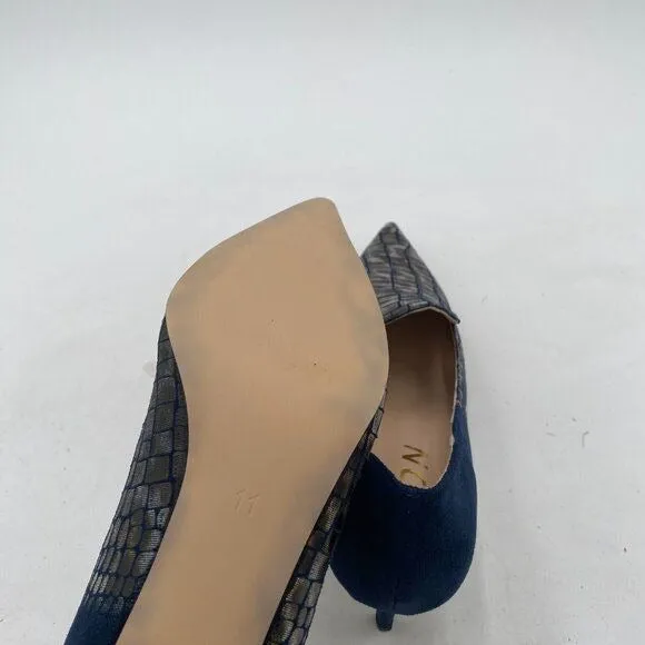 YDN Alligater Navy Mid Heels Slip on Loafer Pumps Pointy Toe Slide Suede Shoes