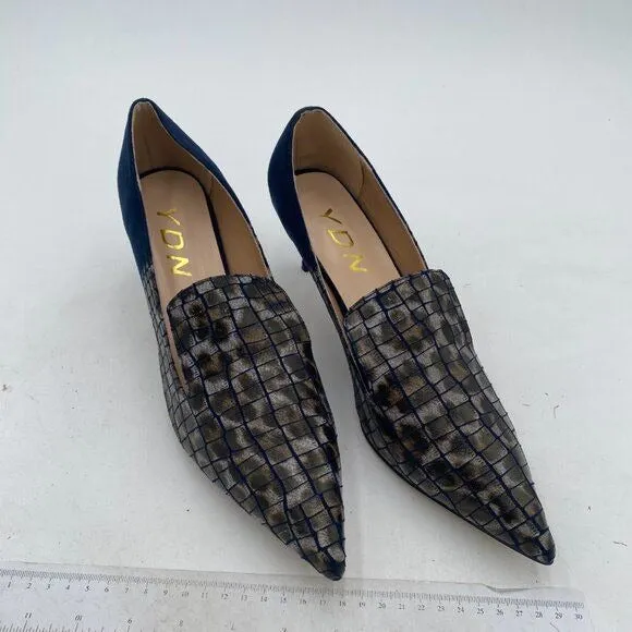YDN Alligater Navy Mid Heels Slip on Loafer Pumps Pointy Toe Slide Suede Shoes