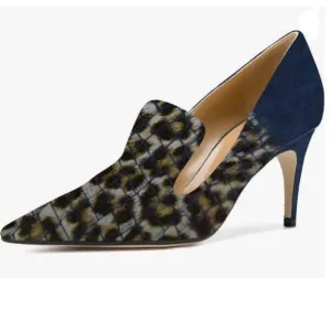YDN Alligater Navy Mid Heels Slip on Loafer Pumps Pointy Toe Slide Suede Shoes