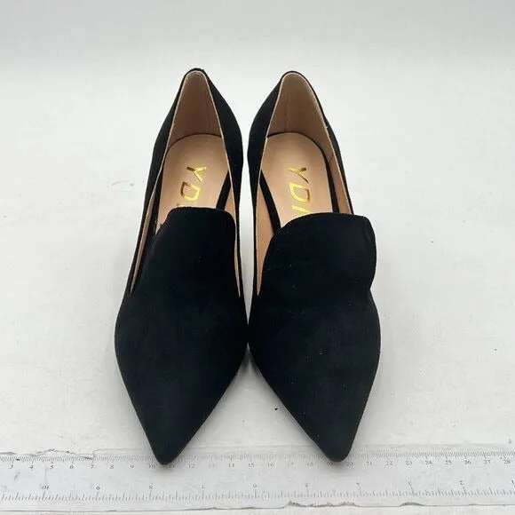 YDN Black Mid Heels Slip on Loafer Pumps Pointy Toe Slide Suede Prom Shoes