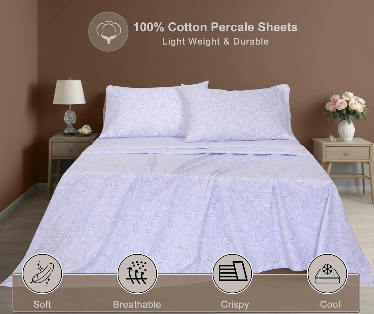 ZOYER 100% Cotton Sheets - Cooling & Crisp Queen Size Percale Sheets, 16" Deep Pockets Bed Set, Lightweight & Breathable, Durable, 4 Pieces, Blue Autumn