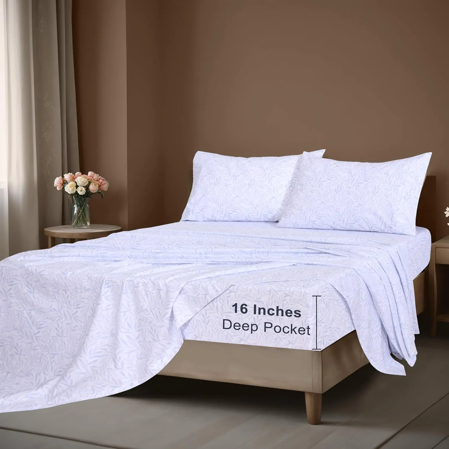 ZOYER 100% Cotton Sheets - Cooling & Crisp Queen Size Percale Sheets, 16" Deep Pockets Bed Set, Lightweight & Breathable, Durable, 4 Pieces, Blue Autumn