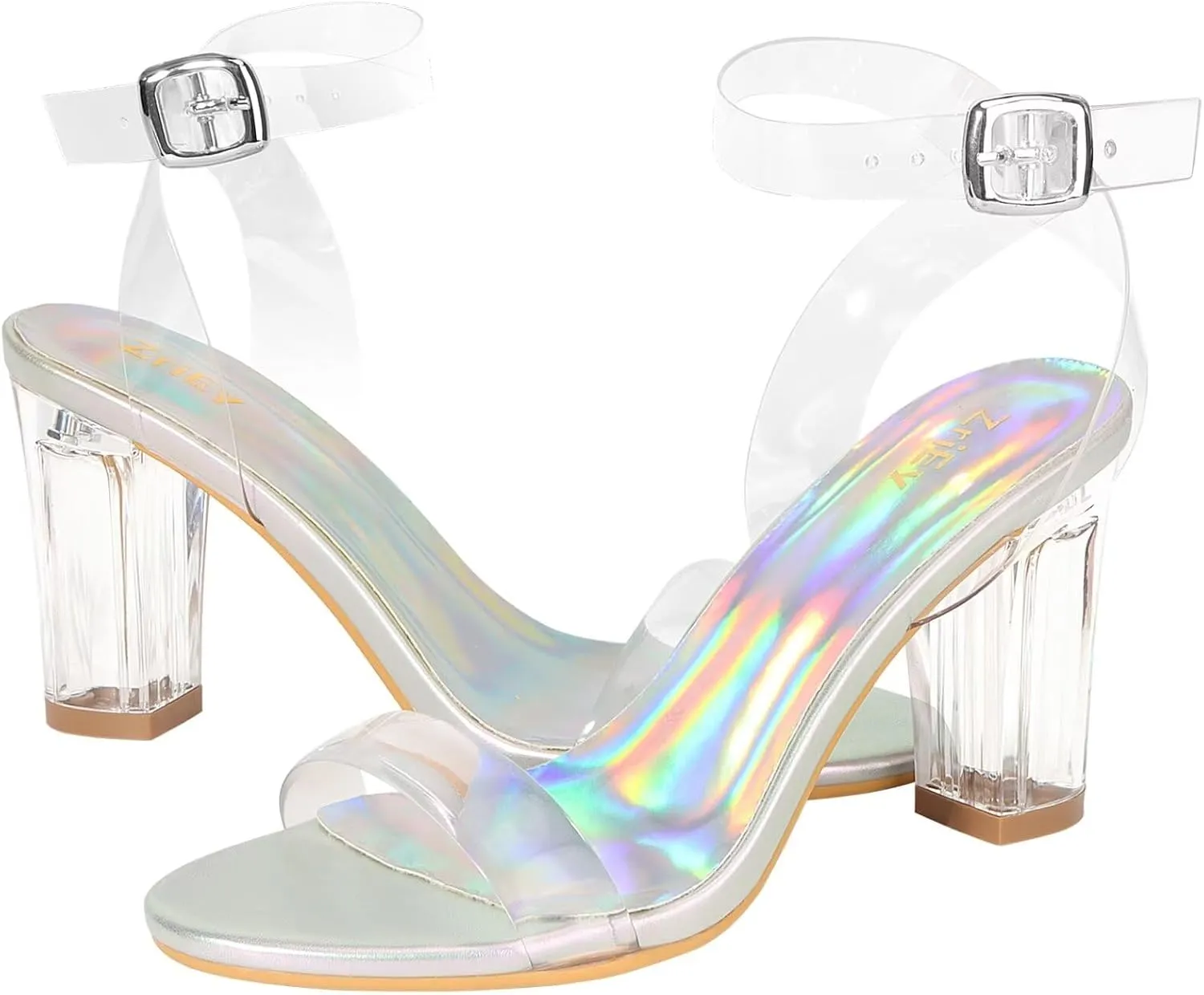 ZriEy Clear Block Sandals Chunky Heels for Women 3.35 Inch Open Toe Adjustable Ankle Strap Pump Sandals for Weddings Parties Daily Wear